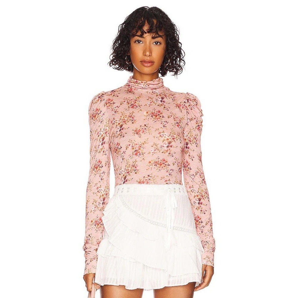 LoveShackFancy Vienna Turtleneck Sz M Puff Sleeve Flirty Floral Chic Luxury $195